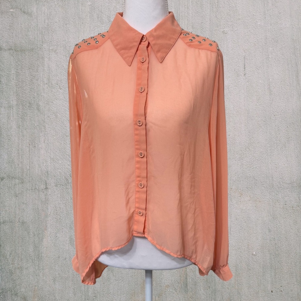 Forever 21 Exclusive Studded Button Up Y2K Women L Long Sleeve Top Blouse Sheer